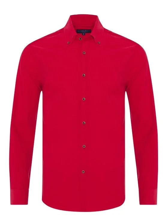 Germirli Kırmızı Düğmeli Yaka Tailor Fit Flanel Kadife Gömlek - Germirli 
