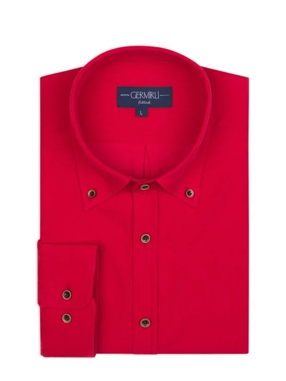 Germirli Kırmızı Düğmeli Yaka Tailor Fit Flanel Kadife Gömlek - Germirli 