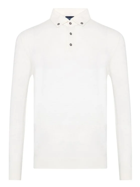 Germirli Krem Rengi Düğmeli Gömlek Yaka Regular Fit Extra Fine Yün Triko - Germirli 