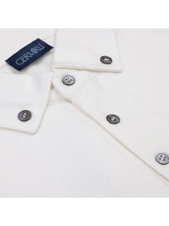 Germirli Krem Rengi Düğmeli Gömlek Yaka Regular Fit Extra Fine Yün Triko - Germirli 