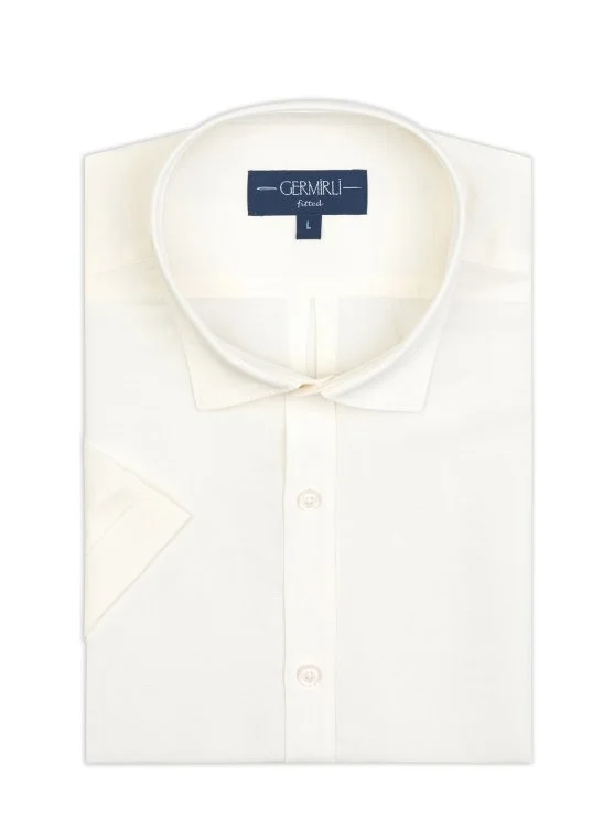 Germirli Krem Rengi Soft Yaka Tailor Fit Kısa Kol Tencel Keten Gömlek - Germirli 