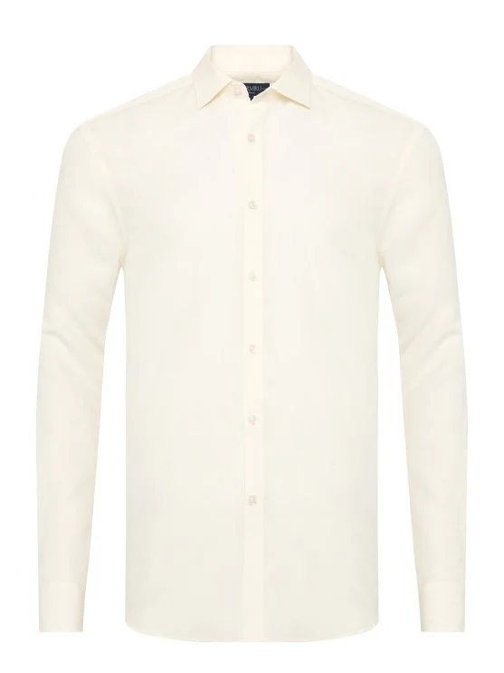 Germirli Krem Rengi Soft Yaka Tailor Fit Tencel Keten Gömlek - Germirli 