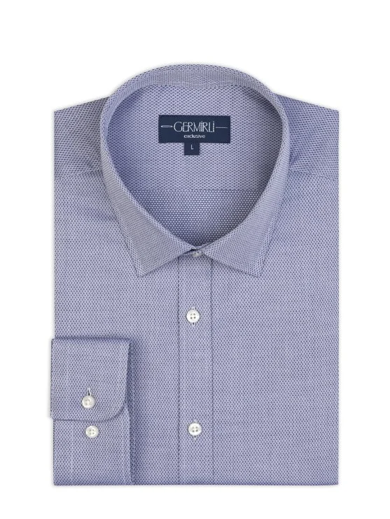 Germirli Lacivert Armürlü Klasik Yaka Exclusive Tailor Fit Pamuk Gömlek - Germirli