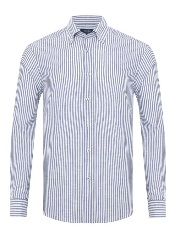Germirli Lacivert Beyaz Çizgili Albiate Düğmeli Yaka Tailor Fit İnce Pamuk Gömlek - Germirli 