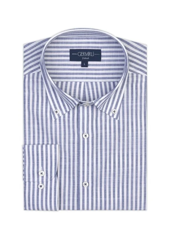 Germirli Lacivert Beyaz Çizgili Albiate Düğmeli Yaka Tailor Fit İnce Pamuk Gömlek - Germirli 