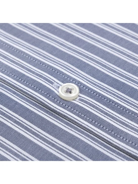 Germirli Lacivert Beyaz Çizgili Exclusive Düğmeli Yaka Tailor Fit Pamuk Gömlek - Germirli