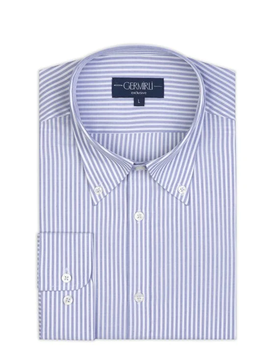 Germirli Lacivert Çizgili Exclusive Düğmeli Yaka Tailor Fit Pamuk Gömlek - Germirli