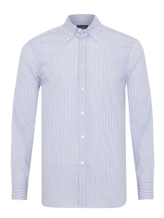 Germirli Lacivert Çizgili Exclusive Düğmeli Yaka Tailor Fit Pamuk Gömlek - Germirli