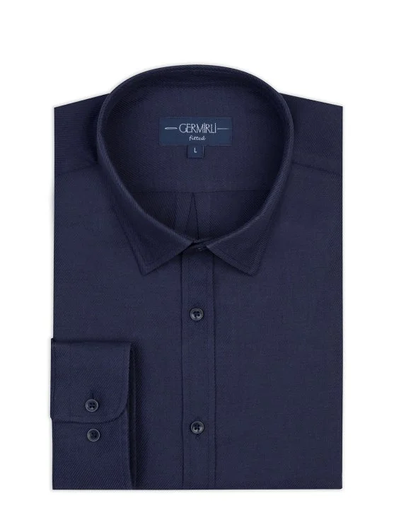 Germirli Lacivert Diagonal Desen Flanel Tailor Fit Soft Yaka Pamuk Gömlek - Germirli 