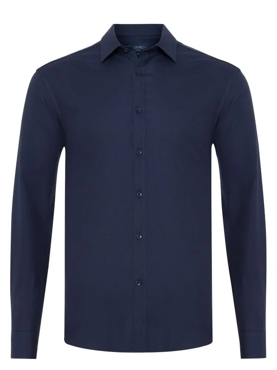 Germirli Lacivert Diagonal Desen Flanel Tailor Fit Soft Yaka Pamuk Gömlek - Germirli 