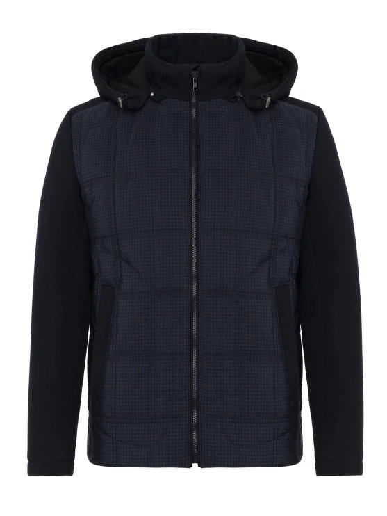 Germirli Lacivert Glencheck Desenli Kapişonlu Triko Kollu Mont - Germirli 