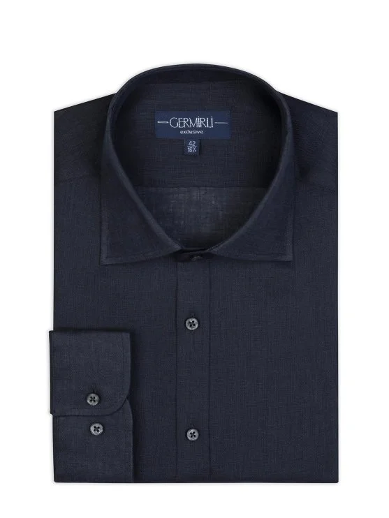 Germirli Lacivert Klasik Yaka Exclusive Tailor Fit Saf Keten Gömlek - Germirli