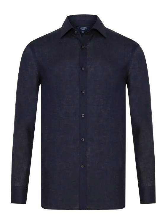 Germirli Lacivert Klasik Yaka Exclusive Tailor Fit Saf Keten Gömlek - Germirli