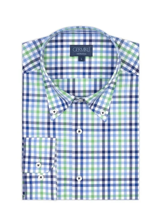 Germirli Lacivert Mavi Yeşil Ekoseli Tailor Fit Rahat Kalıp Düğmeli Yaka Saf Pamuk Exclusive Gömlek - Germirli 