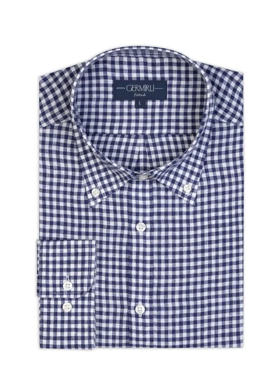 Germirli Lacivert Piti Kareli Düğmeli Yaka Tailor Fit Keten Gömlek - Germirli