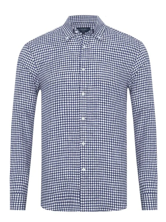 Germirli Lacivert Piti Kareli Düğmeli Yaka Tailor Fit Keten Gömlek - Germirli