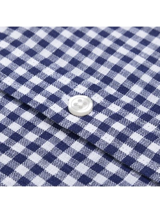 Germirli Lacivert Piti Kareli Düğmeli Yaka Tailor Fit Keten Gömlek - Germirli 