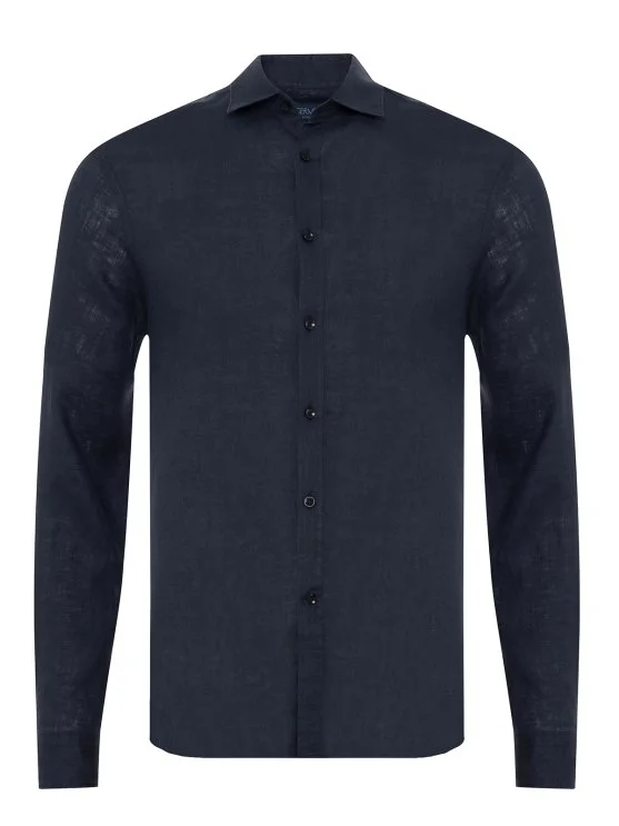 Germirli Lacivert Soft Yaka Tailor Fit Keten Gömlek - Germirli 