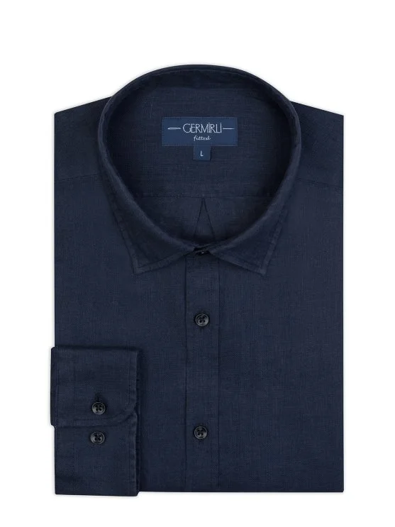 Germirli Lacivert Soft Yaka Tailor Fit Keten Gömlek - Germirli 
