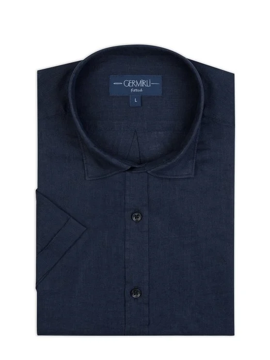 Germirli Lacivert Soft Yaka Tailor Fit Kısa Kol Keten Gömlek - Germirli 