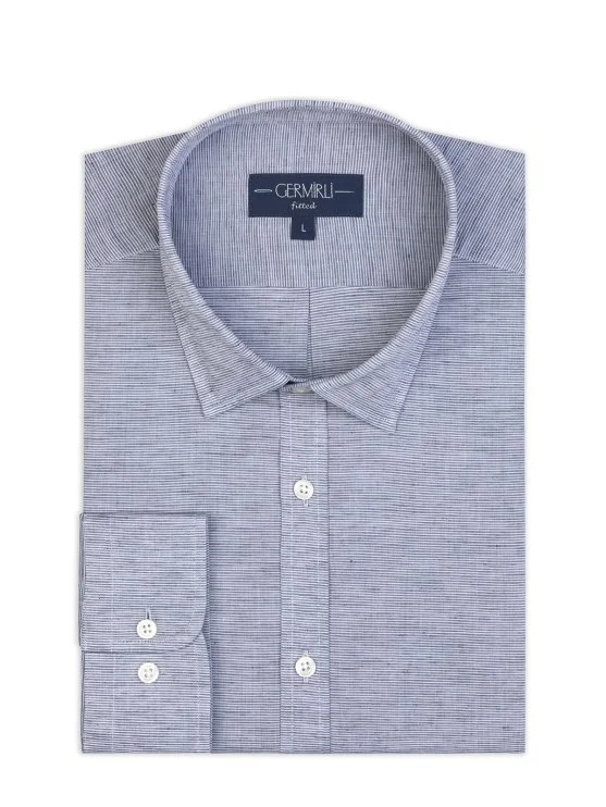 Germirli Lacivert Soft Yaka Tailor Fit Pamuk Keten Gömlek - Germirli 