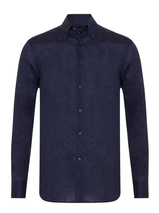 Germirli Lacivert Thomas Mason Non Iron Düğmeli Yaka Tailor Fit Keten Gömlek - Germirli 