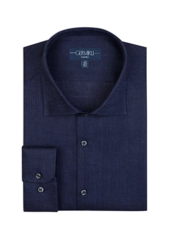 Germirli Lacivert Thomas Mason Non Iron Klasik Yaka Tailor Fit Keten Gömlek - Germirli 
