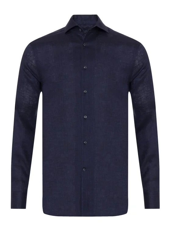 Germirli Lacivert Thomas Mason Non Iron Lapel Yaka Tailor Fit Keten Gömlek - Germirli 