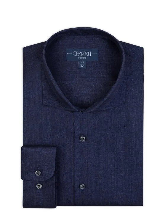 Germirli Lacivert Thomas Mason Non Iron Lapel Yaka Tailor Fit Keten Gömlek - Germirli 