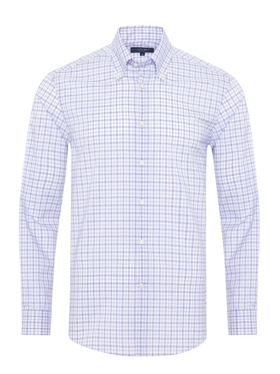 Germirli Lila Mavi Beyaz Kareli Düğmeli Yaka Tailor Fit Journey Twill Non Iron Pamuk Gömlek - Germirli 