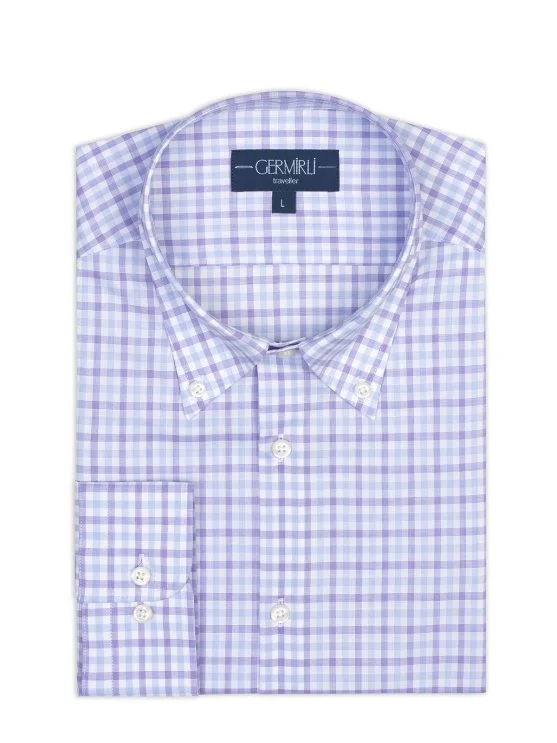 Germirli Lila Mavi Beyaz Kareli Düğmeli Yaka Tailor Fit Journey Twill Non Iron Pamuk Gömlek - Germirli 