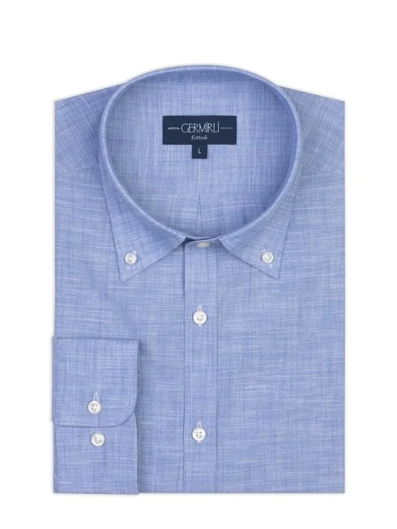 Germirli Mavi Albiate Düğmeli Yaka Tailor Fit İnce Pamuk Gömlek - Germirli 