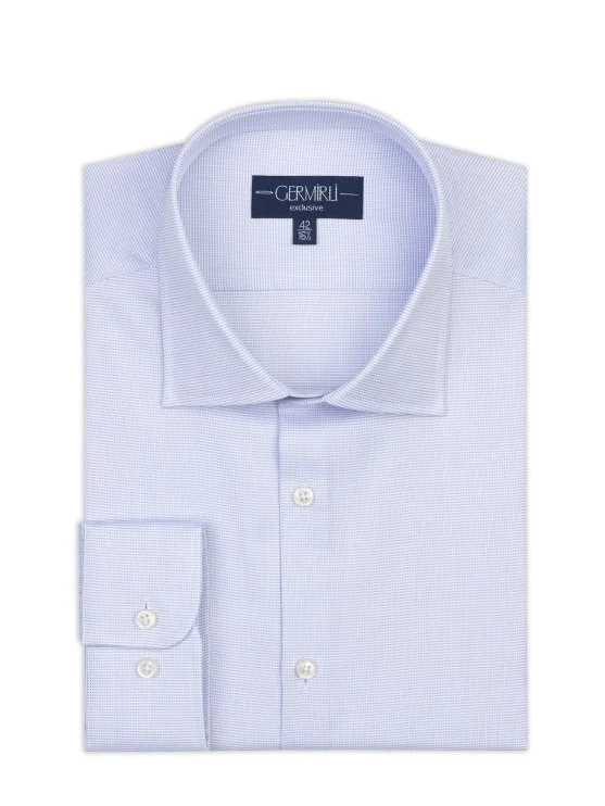 Germirli Mavi Armürlü Doku Exclusive Easy Iron Klasik YakaTailor Fit Pamuk Gömlek - Germirli