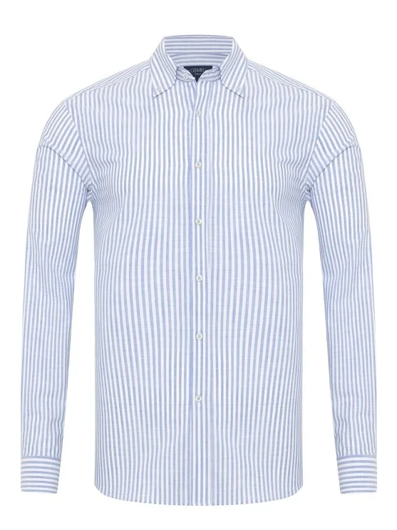 Germirli Mavi Beyaz Çizgili Albiate Düğmeli Yaka Tailor Fit İnce Pamuk Gömlek - Germirli 