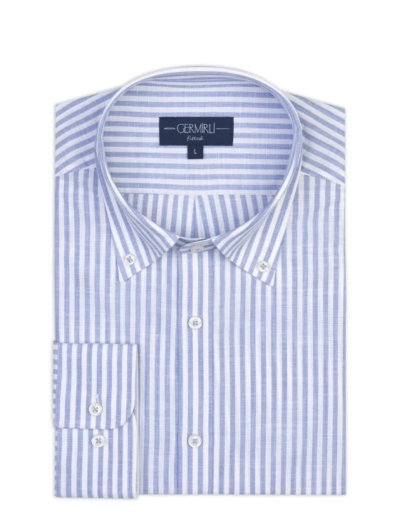 Germirli Mavi Beyaz Çizgili Albiate Düğmeli Yaka Tailor Fit İnce Pamuk Gömlek - Germirli 