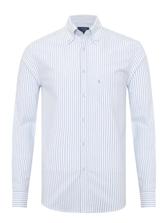 Germirli Mavi Beyaz Çizgili Düğmeli Yaka Cepli Tailor Fit Spor Oxford Gömlek - Germirli 