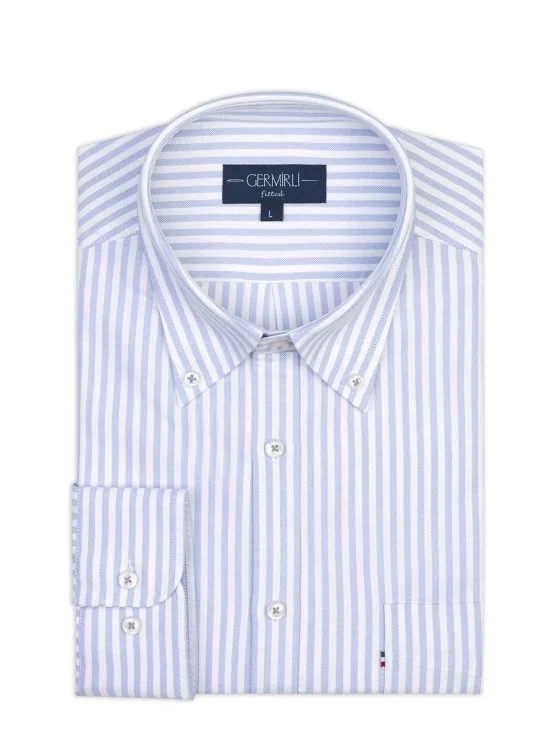 Germirli Mavi Beyaz Çizgili Düğmeli Yaka Cepli Tailor Fit Spor Oxford Gömlek - Germirli 