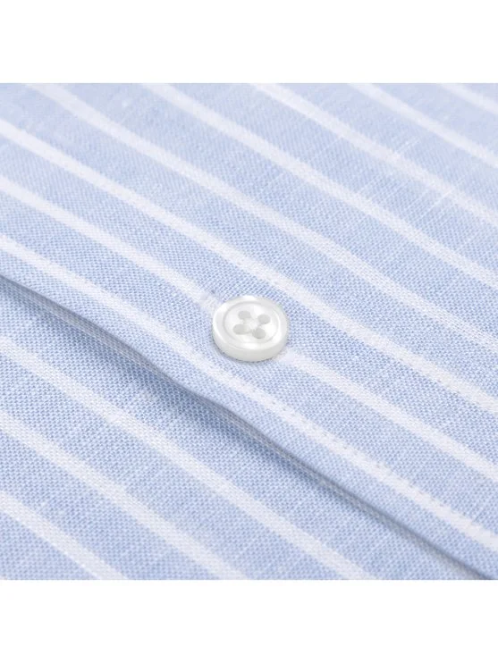 Germirli Mavi Beyaz Çizgili Düğmeli Yaka Saf Keten Gömlek - Germirli
