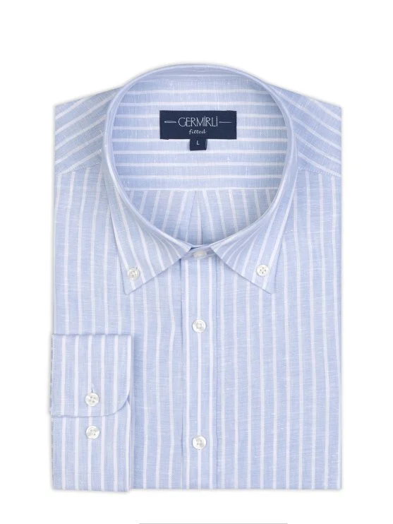Germirli Mavi Beyaz Çizgili Düğmeli Yaka Saf Keten Gömlek - Germirli