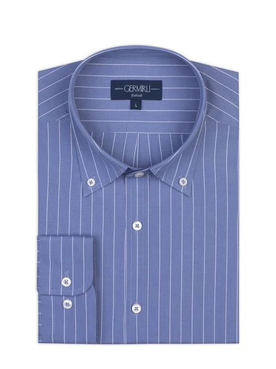 Germirli Mavi Beyaz Çizgili Düğmeli Yaka Tailor Fit Pamuk Gömlek - Germirli 