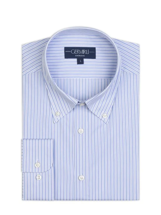 Germirli Mavi Beyaz Çizgili Exclusive Düğmeli Yaka Tailor Fit Pamuk Gömlek - Germirli 