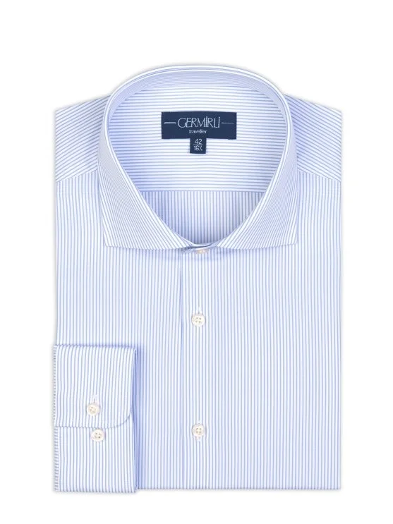 Germirli Mavi Beyaz Çizgili Tailor Fit 120/2 Journey Twill Non Iron Pamuk İtalyan Yaka Gömlek - Germirli 