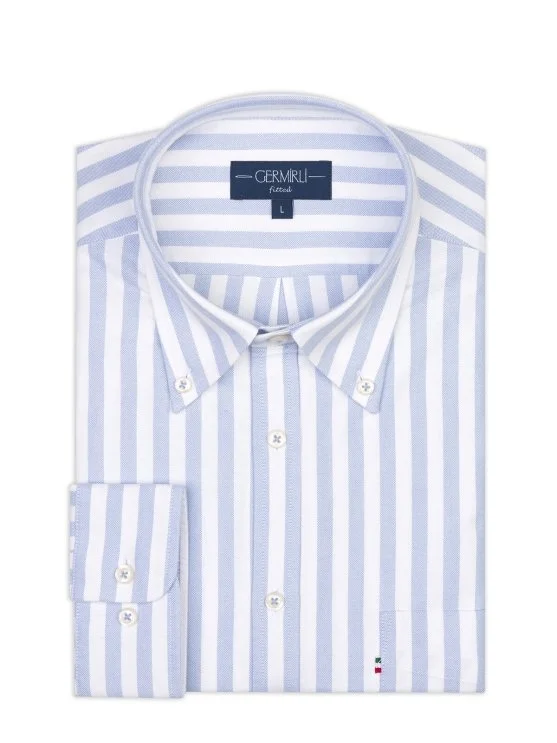 Germirli Mavi Beyaz Çizgili Tailor Fit Rahat Kalıp Düğmeli Yaka Spor Oxford Pamuk Gömlek - Germirli 