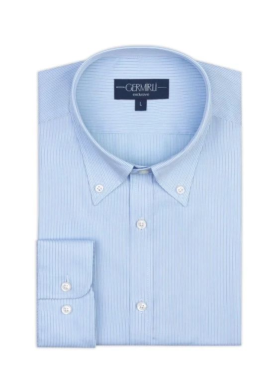 Germirli Mavi Çizgili Exclusive Düğmeli Yaka Tailor Fit Pamuk Gömlek - Germirli 