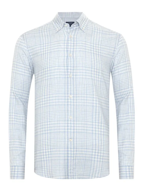 Germirli Mavi Ekose Düğmeli Yaka Tailor Fit Lyocell Yün Gömlek - Germirli 