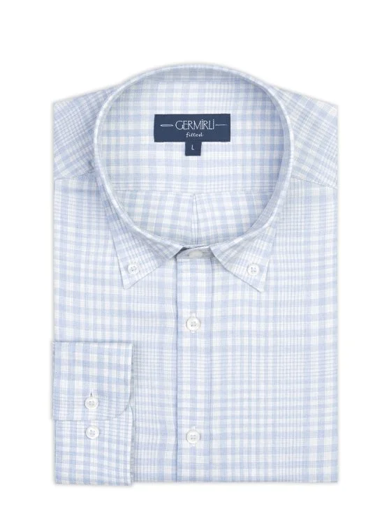 Germirli Mavi Ekose Düğmeli Yaka Tailor Fit Lyocell Yün Gömlek - Germirli 