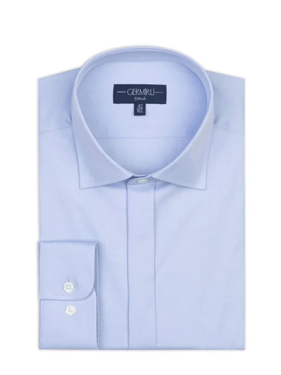 Germirli Mavi Gizli Pat Tailor Fit Klasik Yaka Pamuk Elastan Gömlek - Germirli 