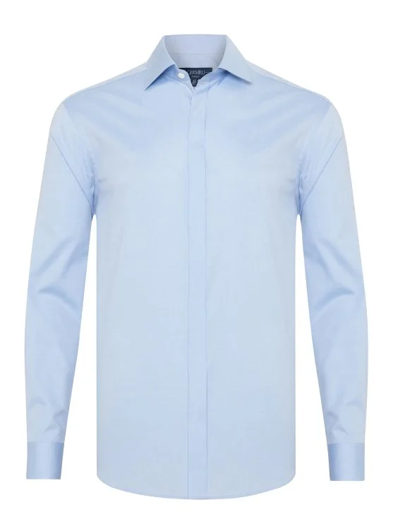 Germirli Mavi Gizli Pat Tailor Fit Klasik Yaka Pamuk Elastan Gömlek - Germirli 