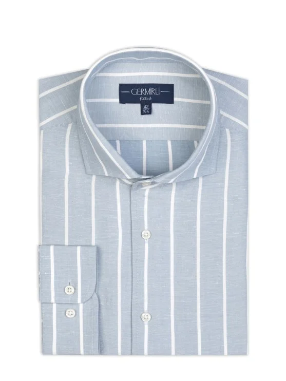Germirli Mavi Kalın Çizgili Nevapas Lapel Yaka Lyocell Keten Gömlek - Germirli