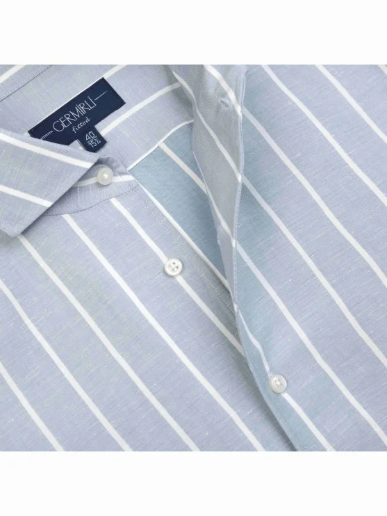 Germirli Mavi Kalın Çizgili Nevapas Lapel Yaka Lyocell Keten Gömlek - Germirli
